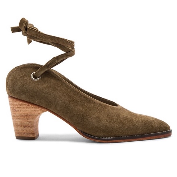 Rachel Comey Shoes - RACHEL COMEY FONDA SUEDE OLIVE ANKLE TIE BLOCK HEEL PUMPS